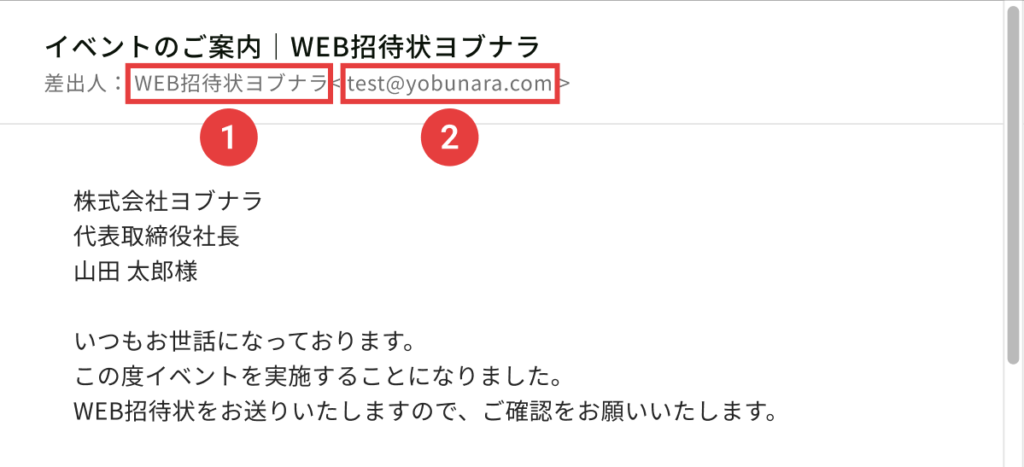 WEB招待状ヨブナラの独自ドメインメール変更後の適用イメージ